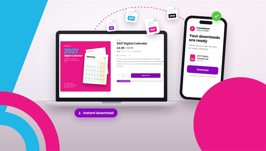 A laptop showing a digital product page and a phone showing the Your downloads are ready email, with PDF, MP3, EPUB and ZIP files travelling between them