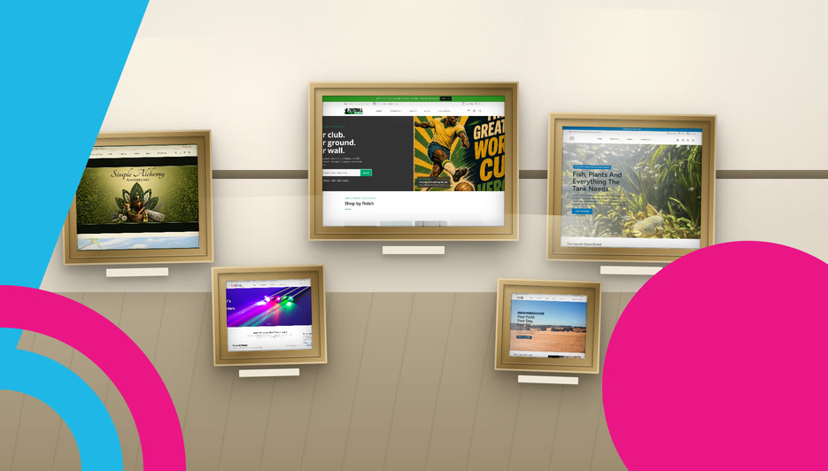 A gallery wall of framed screenshots showcasing the variety of stores built on the EPIC theme library