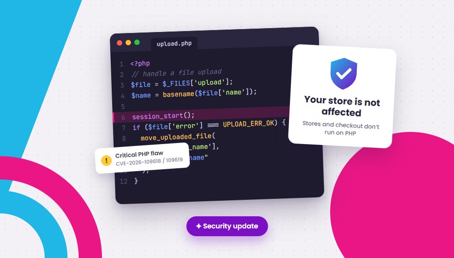 A PHP code editor flagged with the PHP2Shell flaw, next to a shield saying your Freewebstore store is not affected