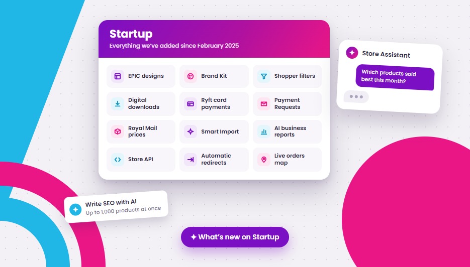 The Startup plan card showing features added since February 2025, including EPIC designs, digital downloads, Smart Import and the Store Assistant
